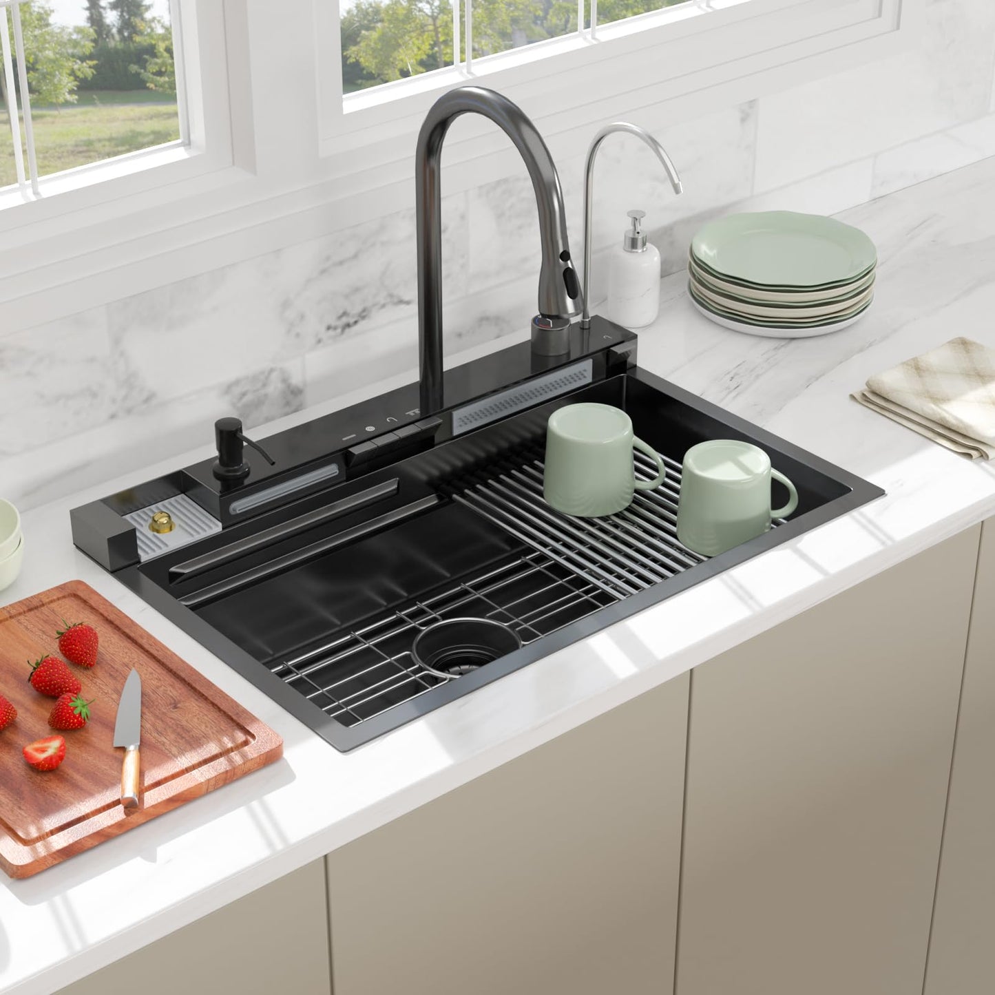 30 Inch Waterfall Kitchen Sink - Beslend 30x19 Drop In Waterfall Sink Nano Black Workstation Smart Sinks 16 Gauge Stainless Steel Single Bowl Black Basin with Faucet Combo
