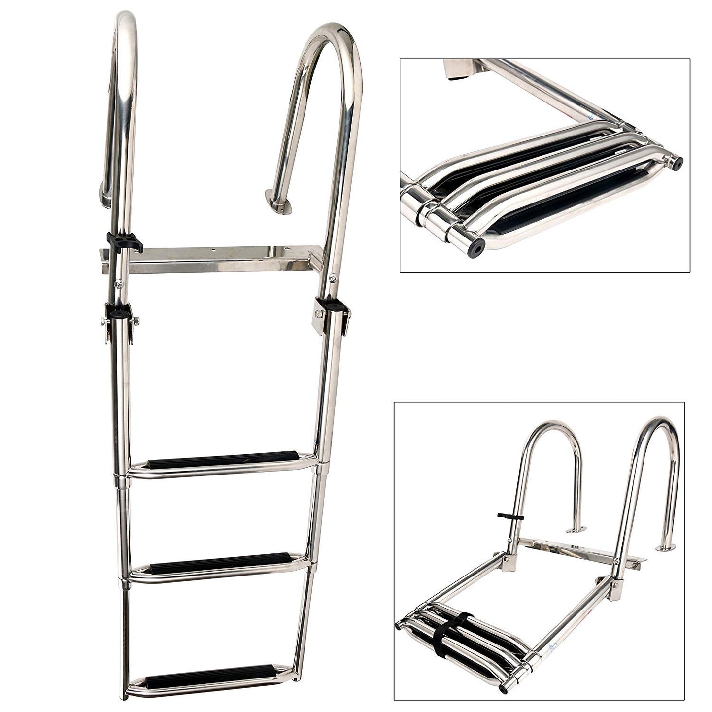 Amarine Made Boat Ladder, 3 Step Premium Stainless Folding Rear Entry Pontoon Boat Ladder w/Extra Wide Step