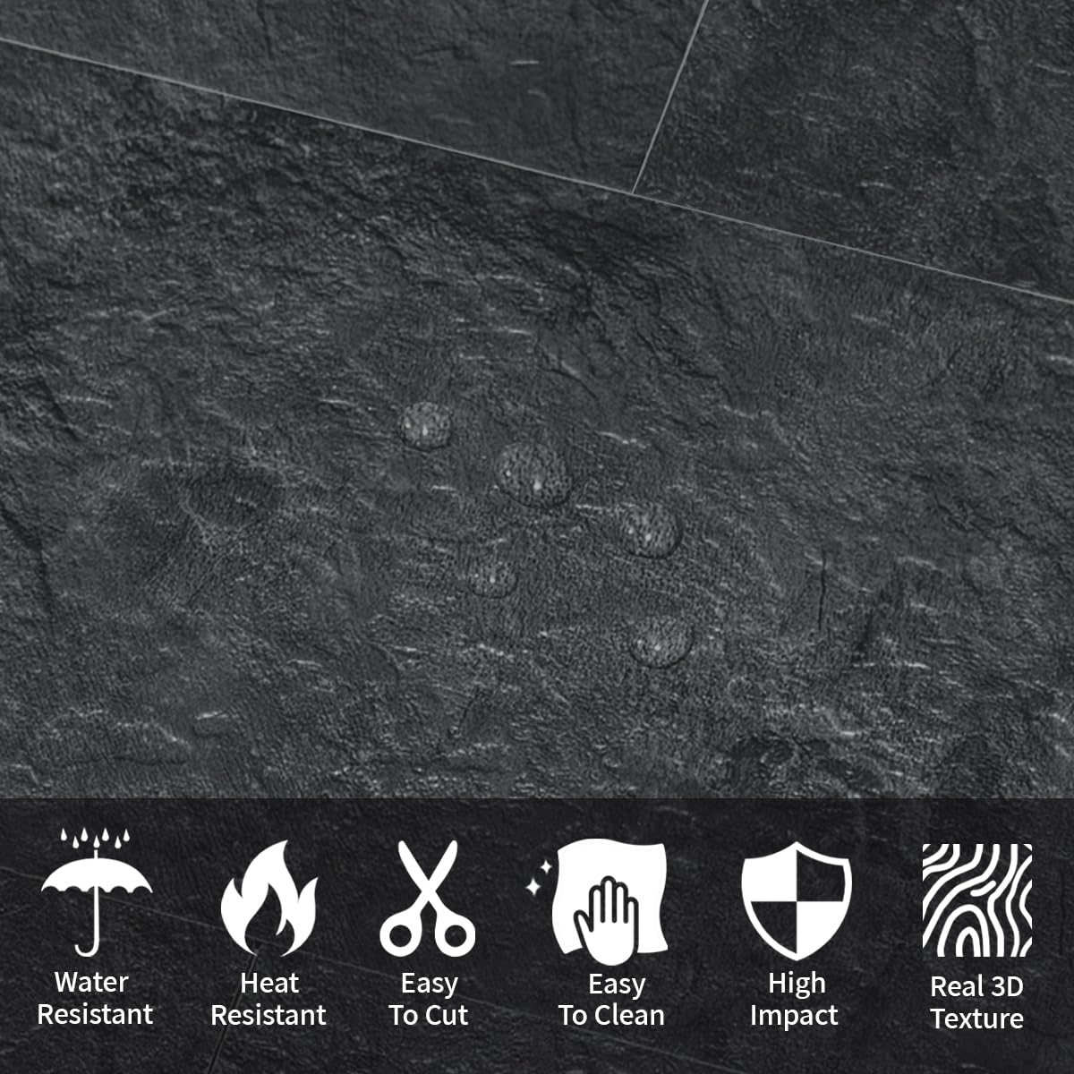 AULIGET 6" x 12" Black Slate Peel and Stick Backsplash Wall Tiles, PVC Faux Stone Stick on Tiles for Backsplash Kitchen, Bathroom, Laundry Room, Camper, Fireplace (Pack of 20)