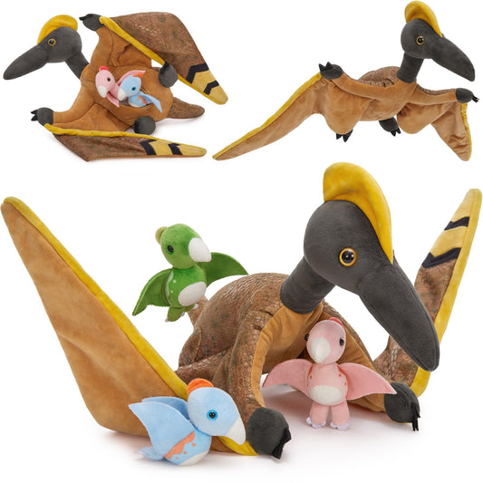 MaoGoLan 4 Pcs Pterodactyl Stuffed Animal with 3 Babies Inside Belly, 37 inch Pterodactyl Plush for Kids Giant Dinosaur Toy Dino Squad Party Favors Decorations Christmas
