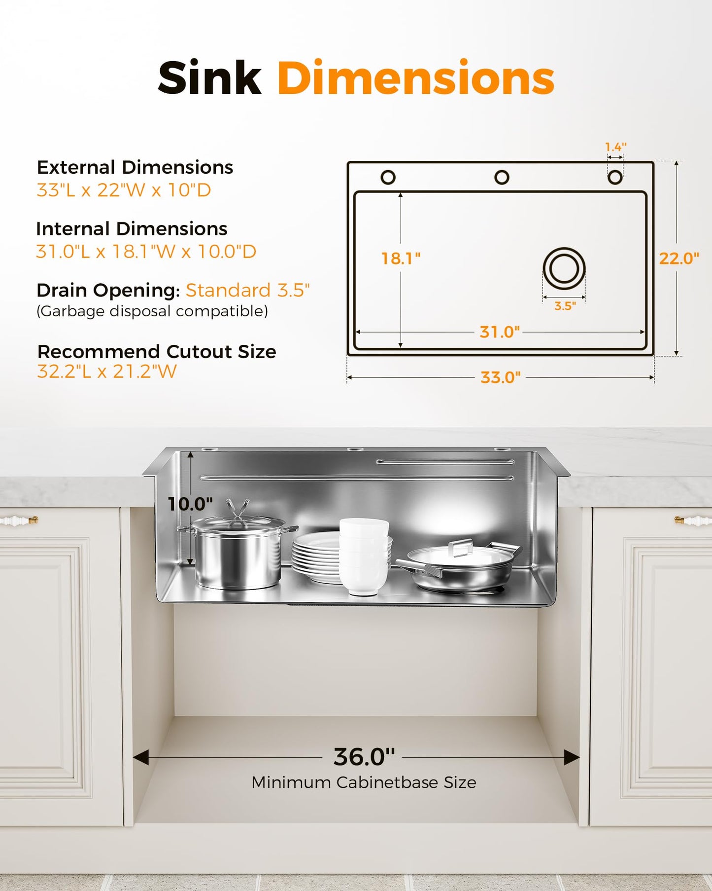 CAMMOO 33X22 Drop In Kitchen Sink, 304 Stainless Steel Workstation Sink, Pop-Up Drain, Upgraded Fast Drain & Anti-Clog, Topmount Single Bowl with Accessories, Foldable Grid for Easy Clean