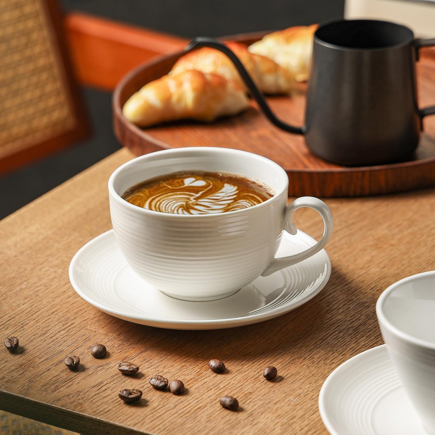 Feenmai 12 oz Cappuccino Cups with Saucers, Ceramic Espresso Coffee Cups Set of 4, White Latte Cup and Saucer, Elegant Tea Mugs Set, Microwave Dishwasher Safe Drinkware for Cafe, Housewarming Gift