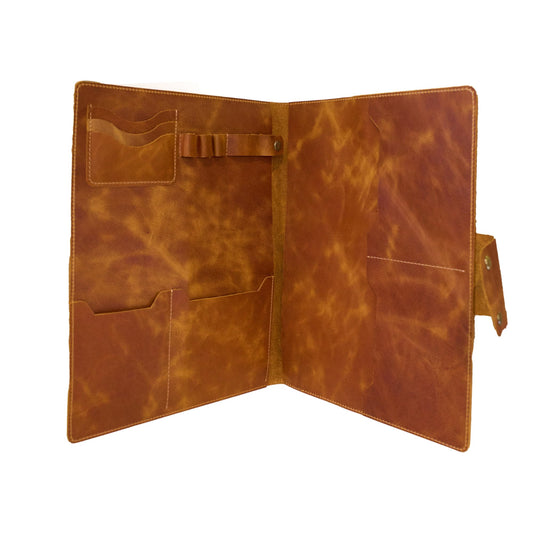 Leather Portfolio Folder - Genuine Leather Document Organizer with Multiple Pockets and Pen Holder – Business Padfolio for A4 Letter Size Papers, Professional Resume or Meeting Use (Whiskey)