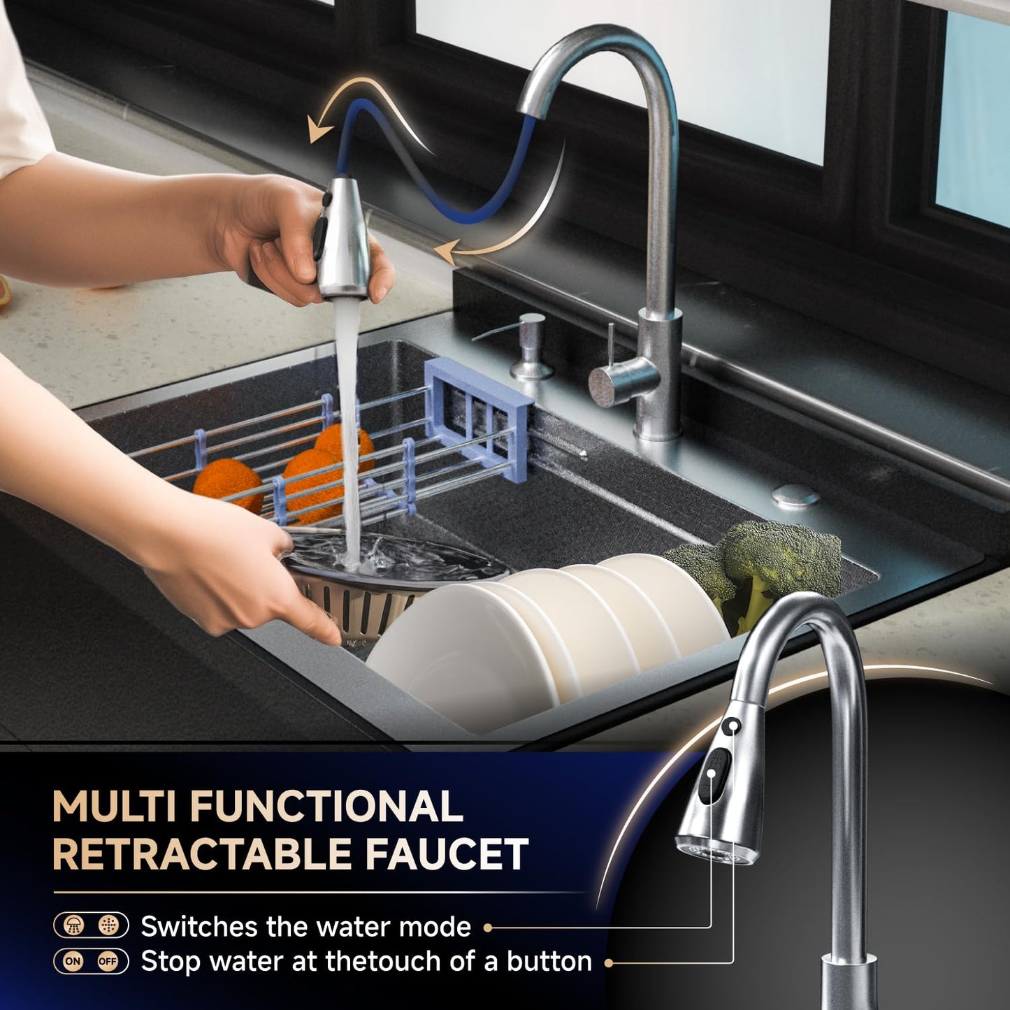 24 Inch Stainless Steel Utility Sink, Freestanding Commercial Sink with Pull-out Faucet,Heavy Duty Single Bowl Laundry Sinks for Garage,Kitchen,Outdoor, 24.21"L x 18.66"W x 35.04"H,Black