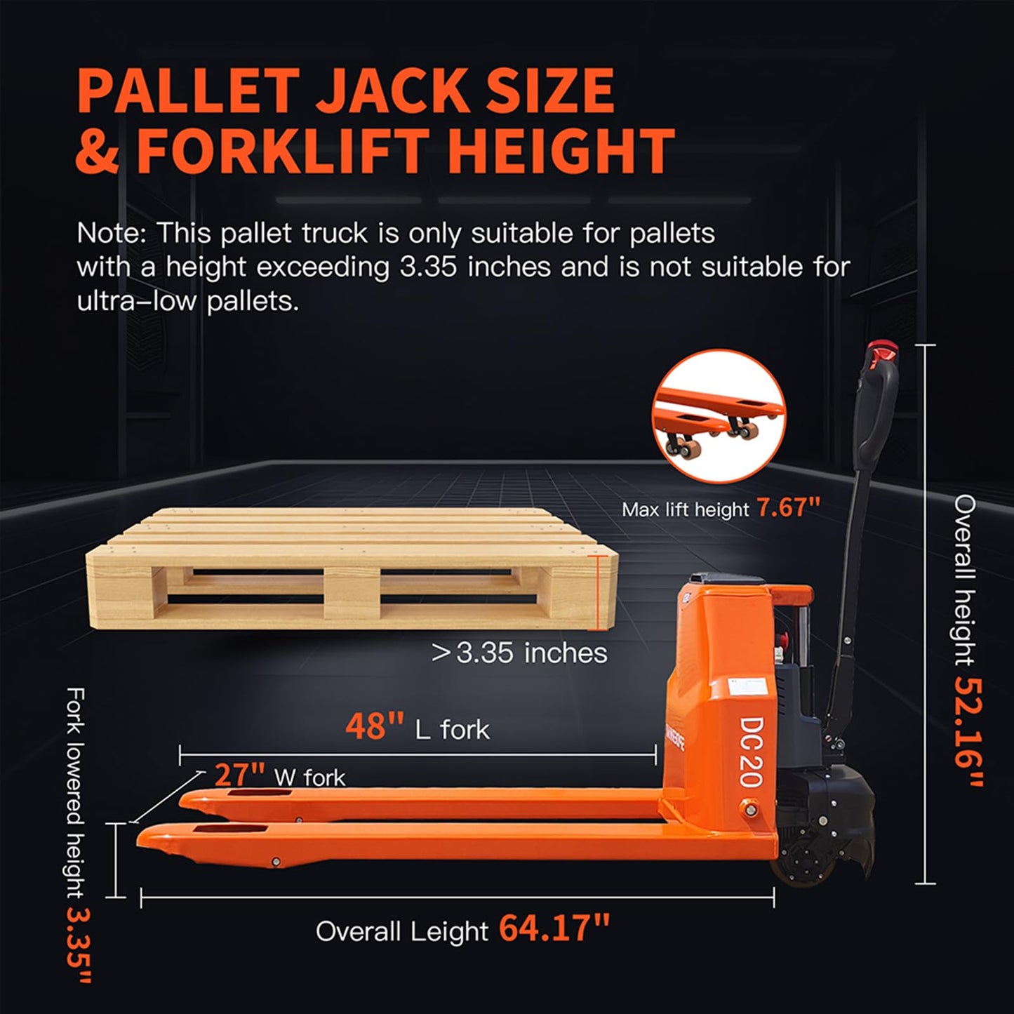 Full Electric Pallet Jack, 4400lbs Capacity Pallet Truck, 48V 20AH Lithium Powered Pallet Truck, 6 Hours Working Time, 3.35 to 7.68 Inch Lift Height, 48 x 27 Inch Fork Size, for Material Handling