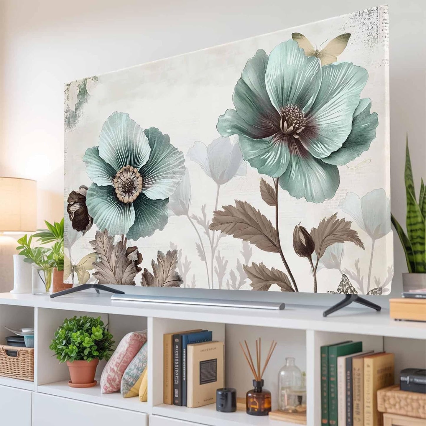 Yukro 40 Inch, 35"x22" Teal Broccoli Indoor TV Dust Cover, Rustic Farmhouse Flower Leaf Victorian Style Elastic TV
