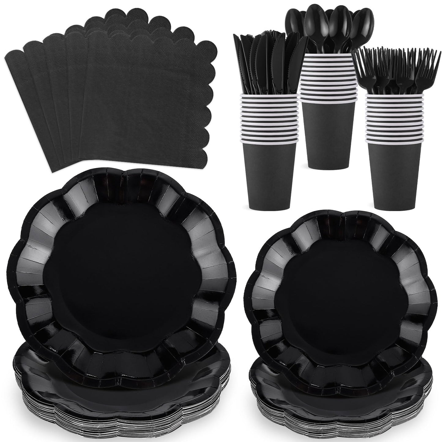 175 Pcs Black Plates and Napkins Set, 25 Guest Black Party Supplies Include 9" Dinner Plates and 7" Dessert Plate Paper Napkins Cup Disposable Plastic Cutlery for Wedding Birthday Graduation Party