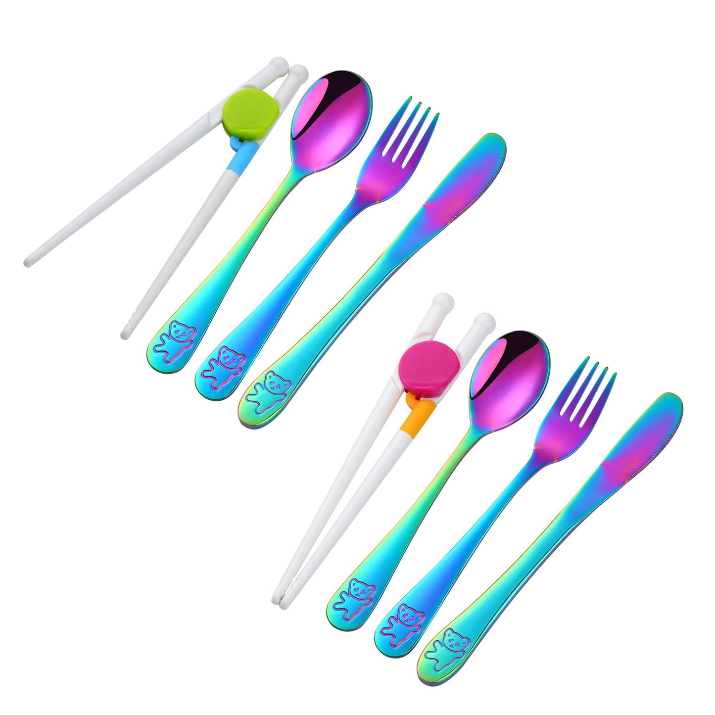 Stainless Steel Kids Silverware with Training Chopsticks, 8 Pieces Rainbow Toddler Utensils for 4-12 Years Old, Food Grade Metal Kids Utensils Set, Children Safe Flatware, Dishwasher Safe, Poylim
