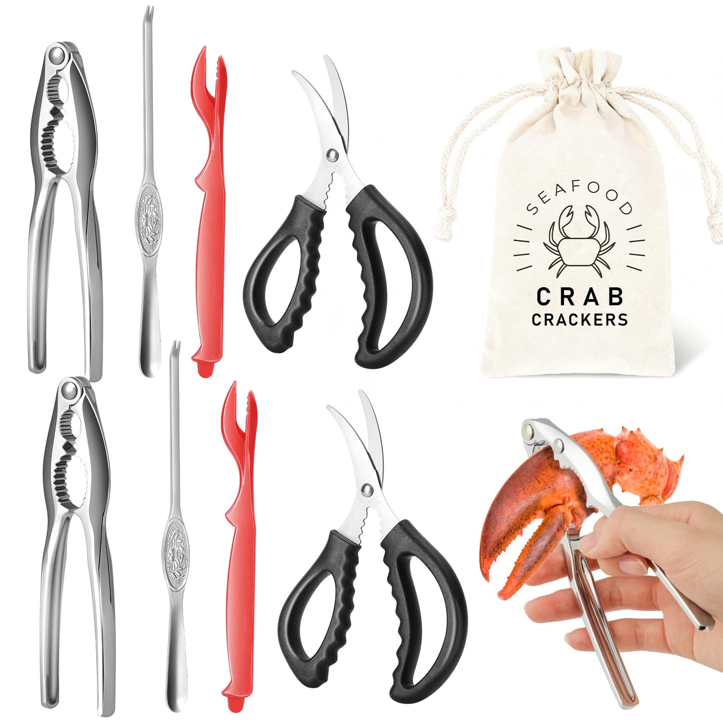 8pcs Premium Crab Crackers and Tools Set, Stainless Steel Crab Leg Cracker Tool, Seafood Scissors, Picks, Shellers, and Storage Bag