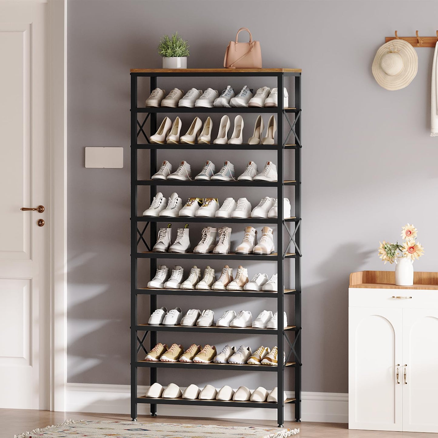 YATINEY 10-Tier and 6-Tier Shoe Rack with 2 Non-Woven Drawers, Entryway Shoe Storage with Dust Cover, Metal Shoe Organizer, Space Saving Shoe Cabinet, for Entryway, Closet, Hallway SS210BR-SS33BR