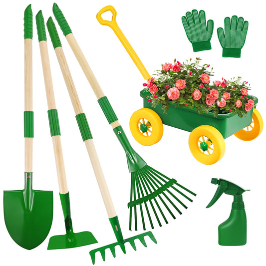 Duckura Kids Gardening Tools Set - 7pcs Wheelbarrow Set Outdoor Toy for Kids with Shovel, Rake, Leaf Rake, Yard Digging Weed Toys, Easter Birthday Gifts for Boys Girls Age 2 3+Years Old(Yellow)