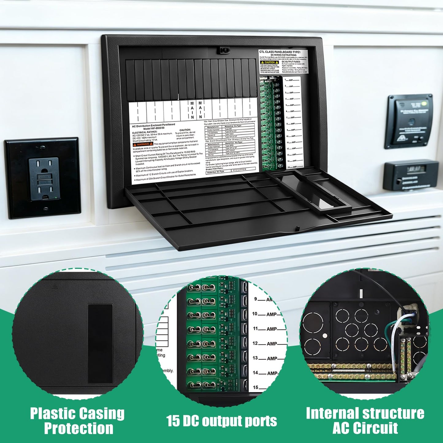 WF-8930 RV Generator and Component，30/50 Amp AC RV Power Distribution Center with 15 DC Circuits Black RV Power Center