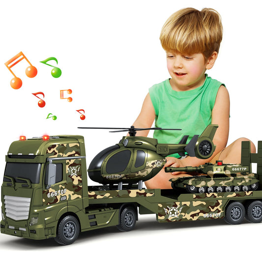 SpringFlower Toddler Boy Toys, 3 in 1 Large Army Truck Toy with Helicoper and Tank, Military Transport Truck Toy, Christmas Birthday Gifts for Kids 3 4 5 6 Years Old