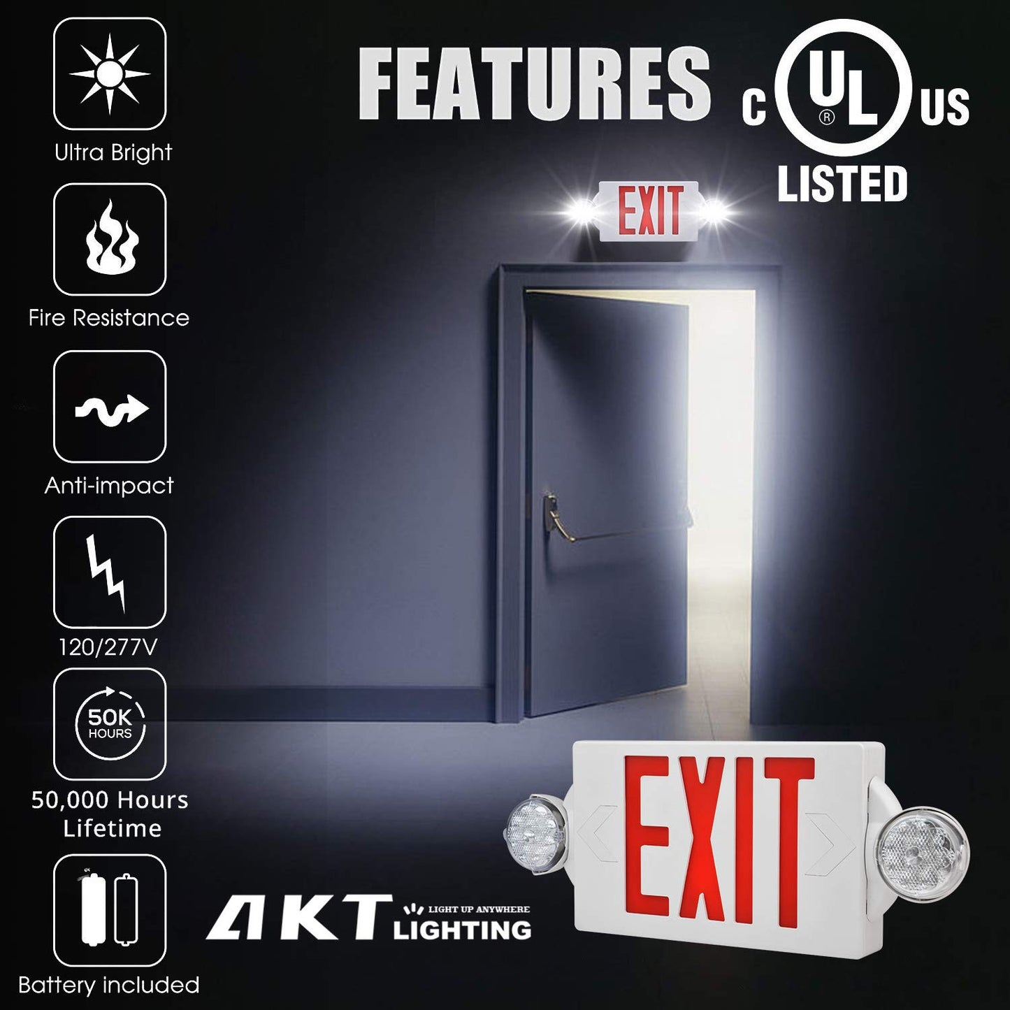 AKT LIGHTING Emergency Exit Light, Adjustable Two LED Head Exit Sign Light, Commercial Emergency Exit Lighting Combo with Back-up Battery for Business UL Certificated(Red, 6 Pack)