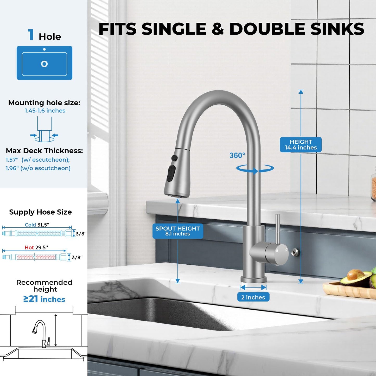 Kitchen Faucet with Pull Down Sprayer, VFAUOSIT Lead-Free Kitchen Sink Faucet Brushed Nickel Stainless Steel High Arc Pull Out Single Hole Kitchen Faucets for Pot Filler, Farmhouse RV Bar Laundry Room