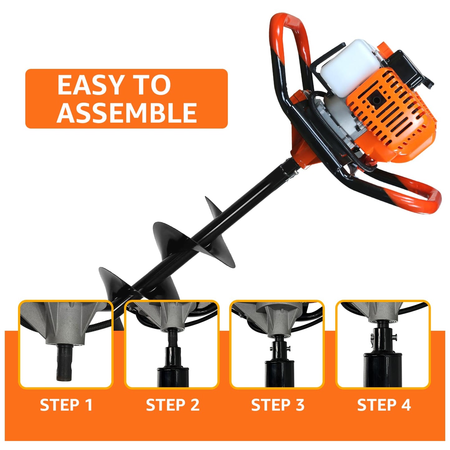 XJADQW 62CC 2-Stroke Gas Powered Post Hole Digger with 3" & 5" & 8" Auger Bits + 24“ & 24" & 24" Extension Rod, Heavy Duty Earth Auger for Farm, Garden, Landscaping, Construction