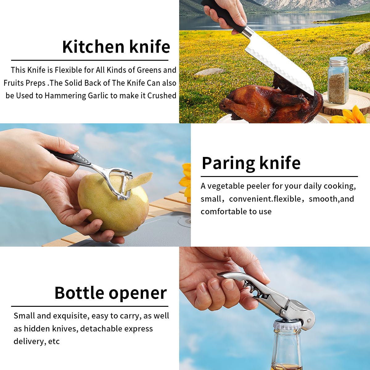 Evanda Camping Kitchen Cooking Utensil Set 10 Piece, Stainless Steel Outdoor Cooking and Grilling Utensil Organizer Travel Set Perfect for Travel, Camping, RVs, BBQs, Picnics, Parties and More