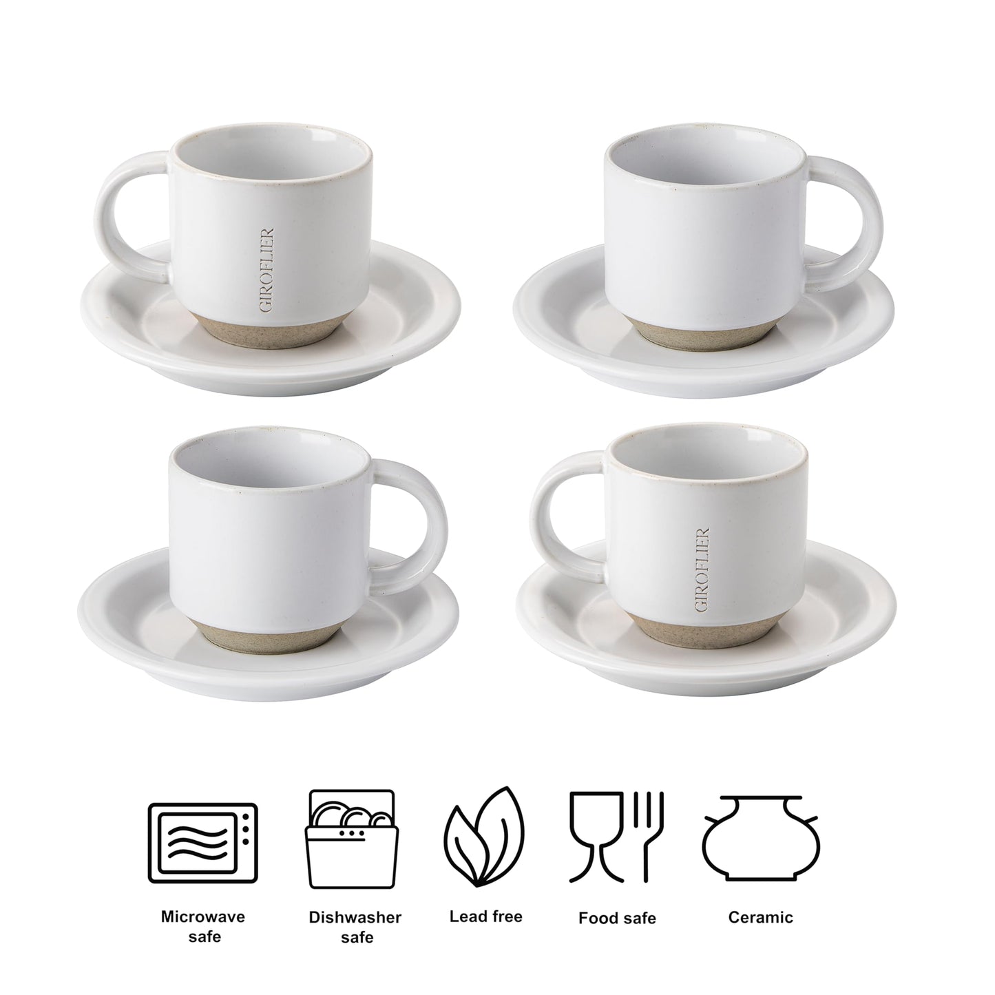 Giroflier Oak Espresso Cups Set of 4, 3 oz Demitasse Cups, Modern Style, Microwave & Dishwasher Safe (Snow)