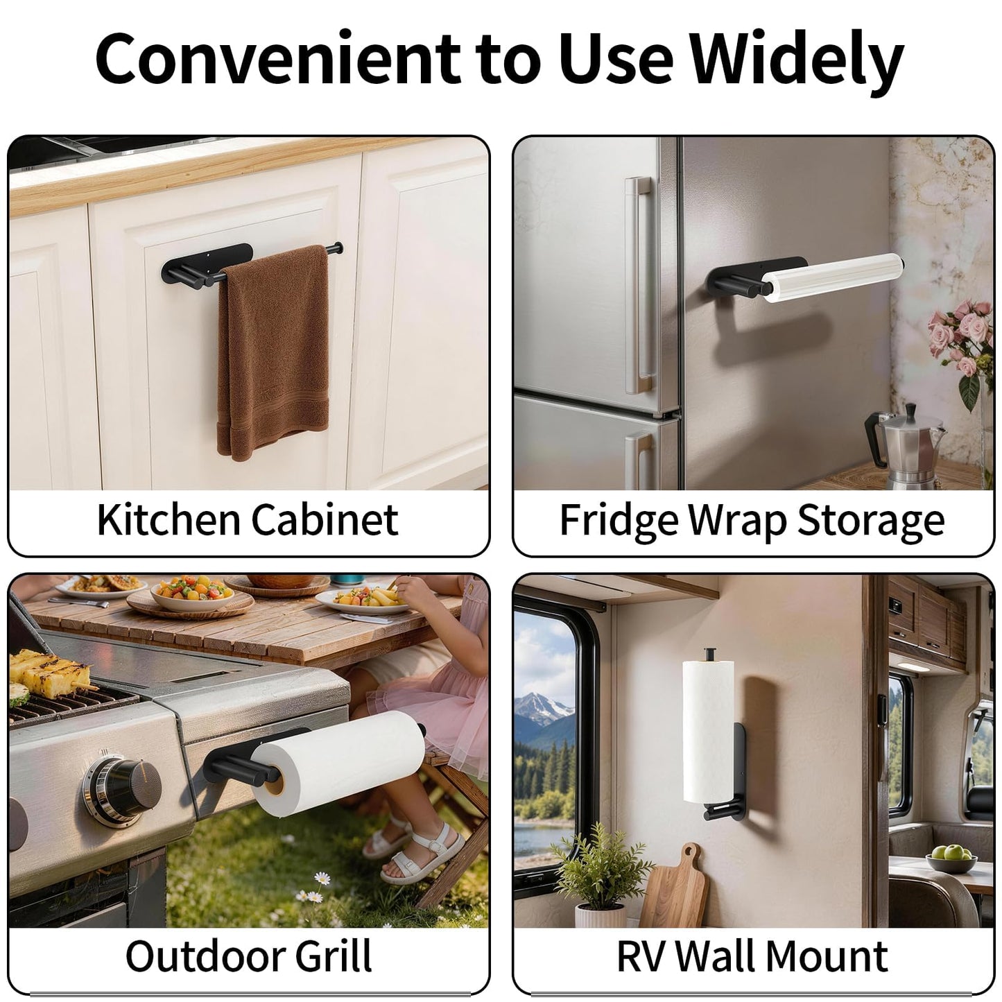 Paper Towel Holder Under Cabinet, Upgraded Dual-Rod Adhesive Paper Towel Holder with Longer Base, Stainless Steel Wall Mounted Holder for Kitchen Towels, No Drill, Black