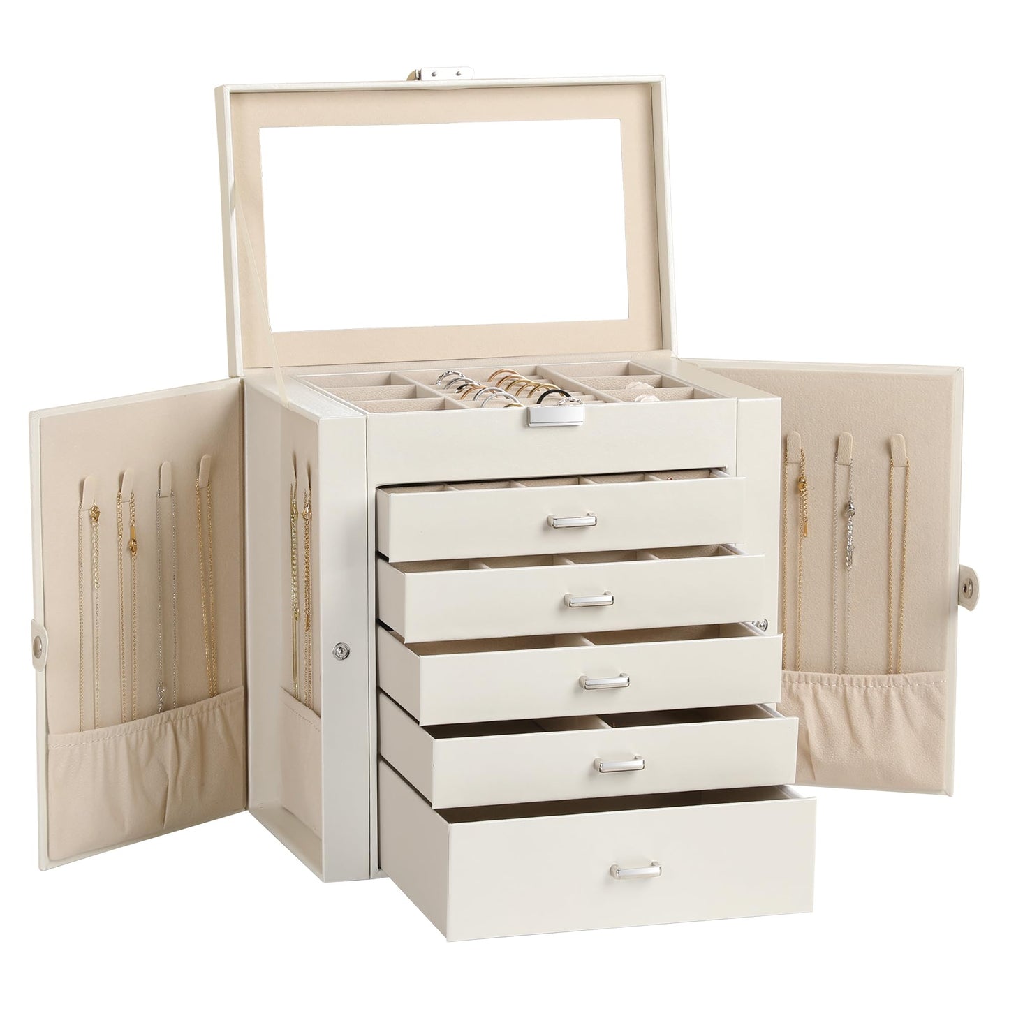 Frebeauty Large Jewelry Box,6-Tier PU Leather Jewelry Organizer,Multi-functional Storage Case with Mirror,Accessories Holder with 5 Drawers for Necklace Bracelets Watches(Pearl White)