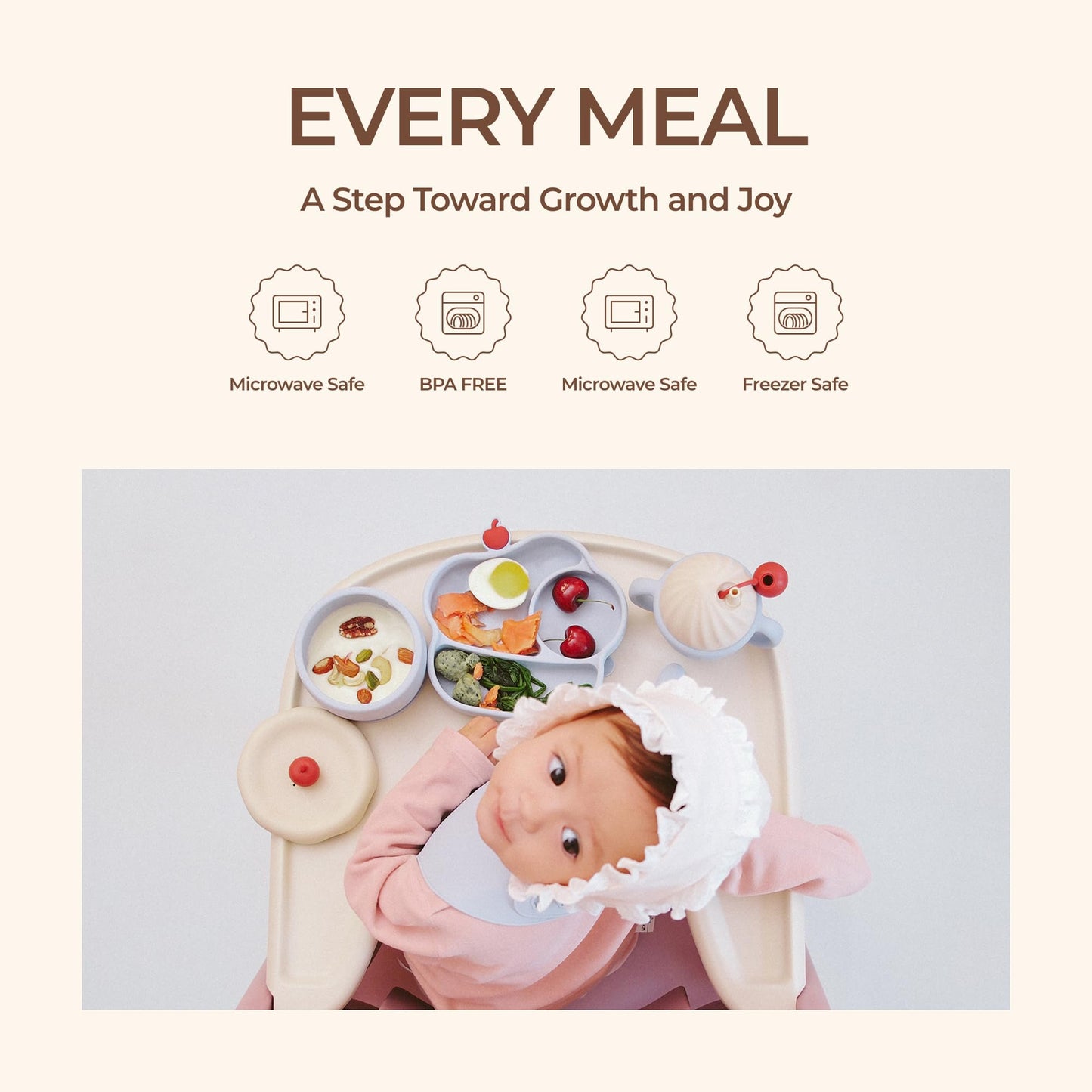 COZY ROCK Silicone Baby Feeding Set, Gelato Collection Baby Led Weaning Supplies, First Self-Feeding Ice Cream Set, Silicone Suction Bowl with Cherry Lid & Plate, Straw Cup & Bib, Fork & Spoon