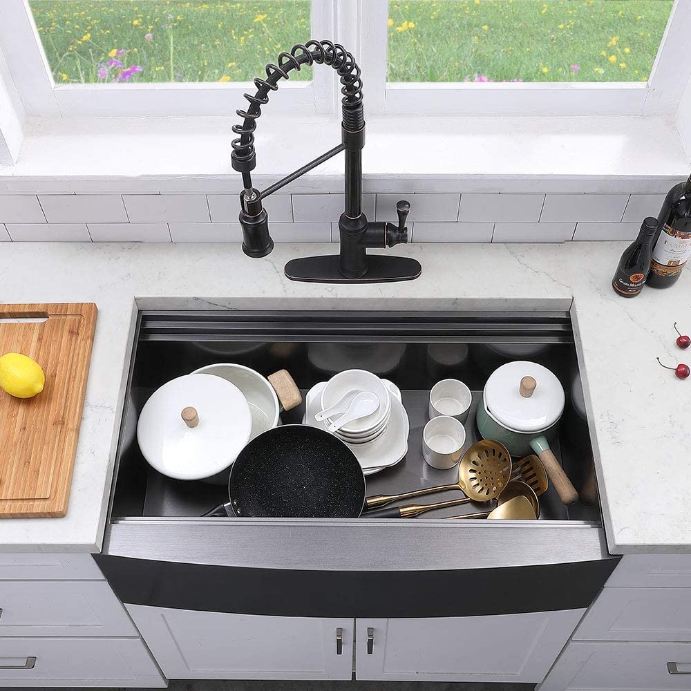KINGO HOME 33 inch Black Farmhouse Sink, 16 Gauge Double Ledges Stainless Steel Farmhouse Kitchen Workstation Sink, All In One Apron Front Deep Single Bowl Kitchen Farm Sytle Farmer Sinks 33"x20"x9
