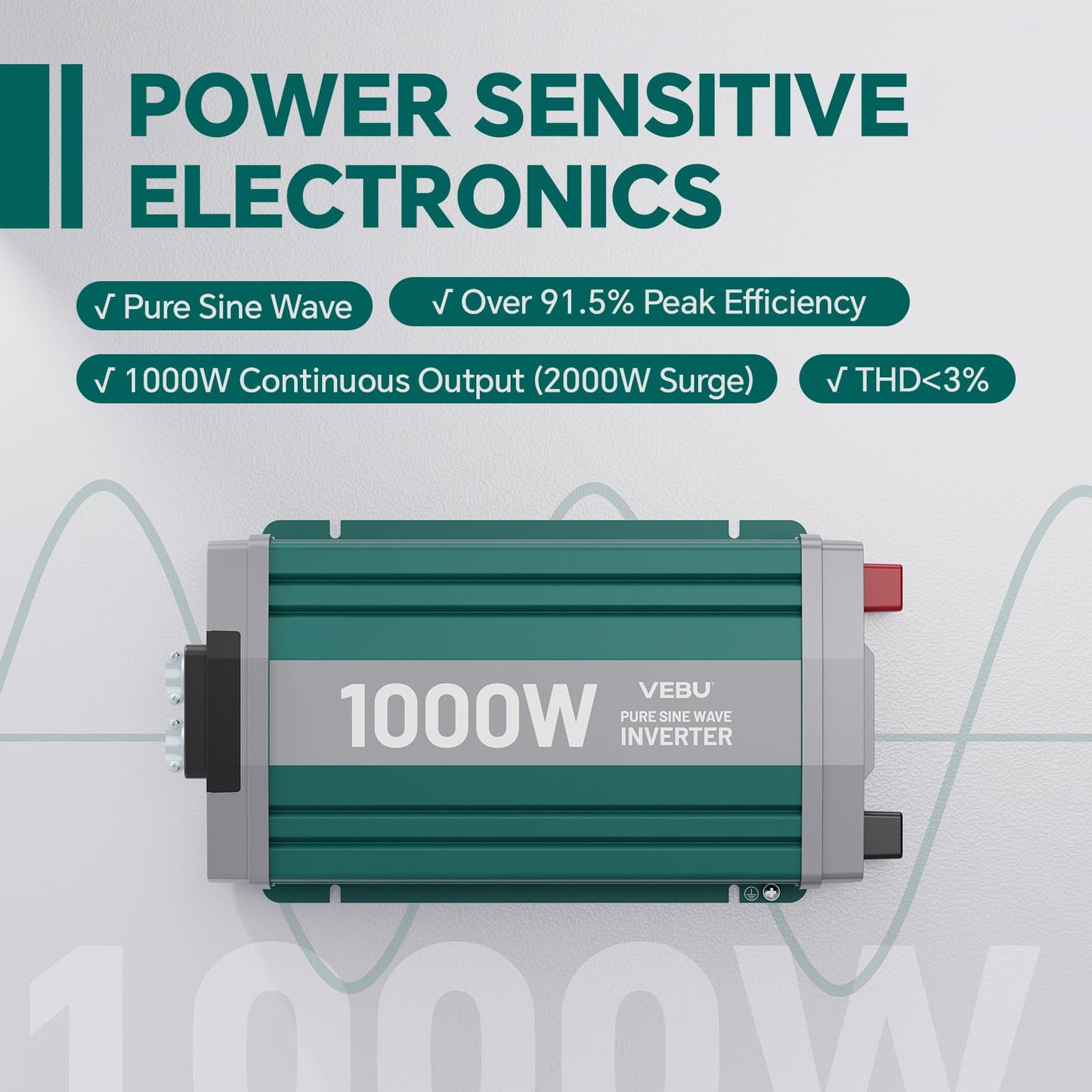 VEBU 1000W Pure Sine Wave Power Inverter with ATS Mode, 12V DC to AC 120V Converter for Off-Grid System, RV, Truck, Camping, Peak 2000W