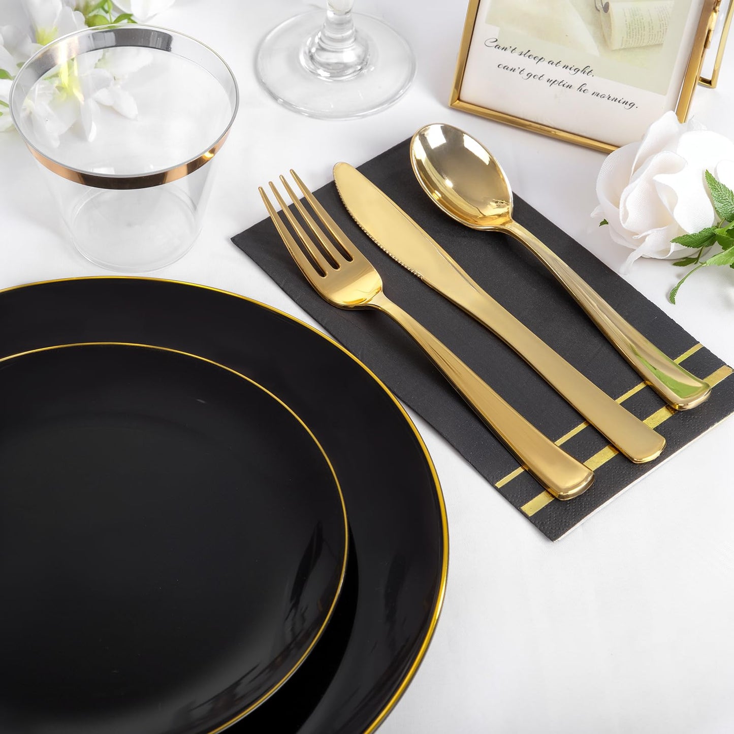 NOCCUR 350PCS Black and Gold Plastic Plates - Black Disposable Dinnerware Set for 50 Guests, 100 Dinner/Dessert Plates, 150 Gold Silverware, 50 Cups&50 Napkins for Party/Birthday/Graduation