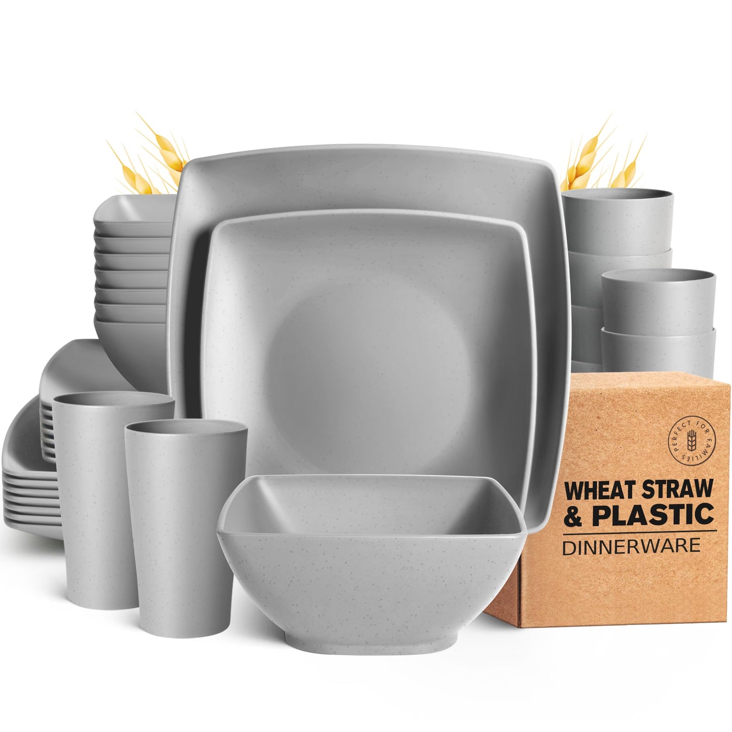 Teivio 32-piece Plastic Wheat Straw Square Dinnerware Set for 8, Unbreakable Dinner Plates, Salad Plates, Snack Bowls, Tumblers, Dishwasher Safe, Light Gray
