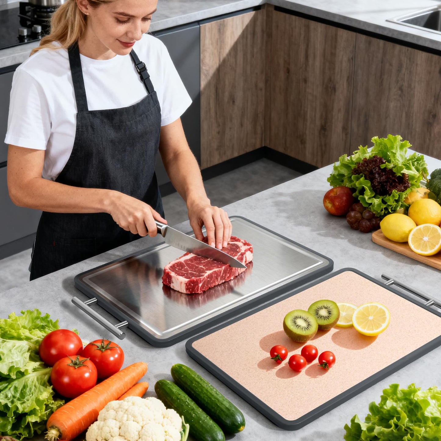 Stainless Steel Cutting Board 8x10" and 15x11", IDekooror Double Sided Steel Chopping Board for Kitchen, Steel and Wheat Straw PP 2-in-1 Cutting Board for Meat Vegetables Fruits, Dishwasher Safe