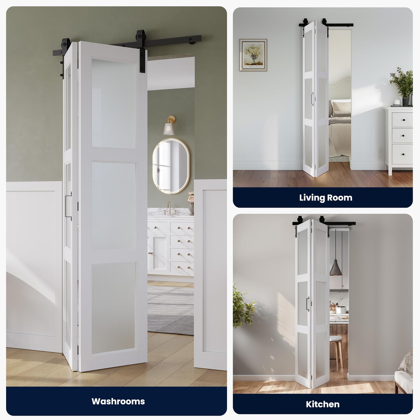 SMARTSTANDARD 48in x 84in Bifold Barn Door, Frosted Glass Barn Door with Hardware Kit Included, Pre-Drilled Holes Easy Assembly -Solid Barn Doors Slab Covered with Water-Proof PVC Surface, White