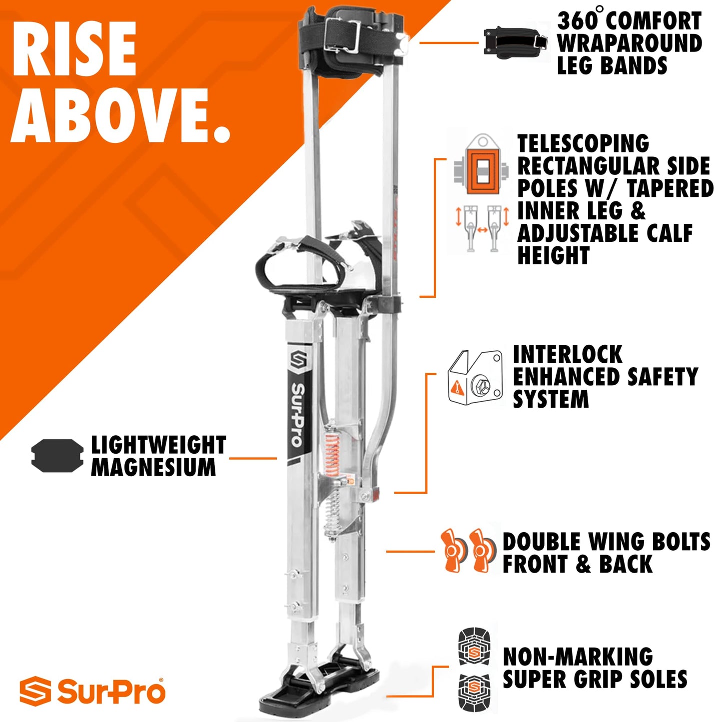 SurPro Double-Sided Drywall Stilts, Aluminum Base, 16” - 24” Height, QuadLock Contractor-Grade Stilts (S2-A-1624) for Drywallers, Painters, Ceiling Work, Stilts Drywall