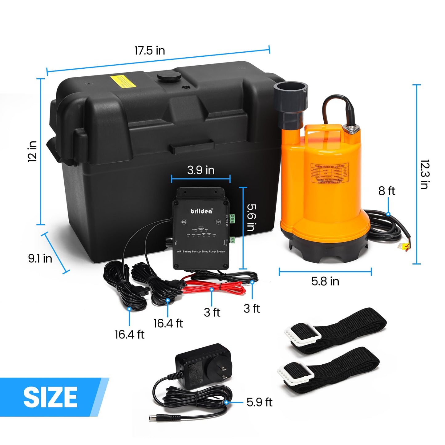 Briidea Battery Backup Sump Pump System for Basement, 12V Battery Compatible (Battery Not Included), Dual 2.4G/5G WiFi Monitoring, Electronic Water Level Sensor, Smart Alarm System