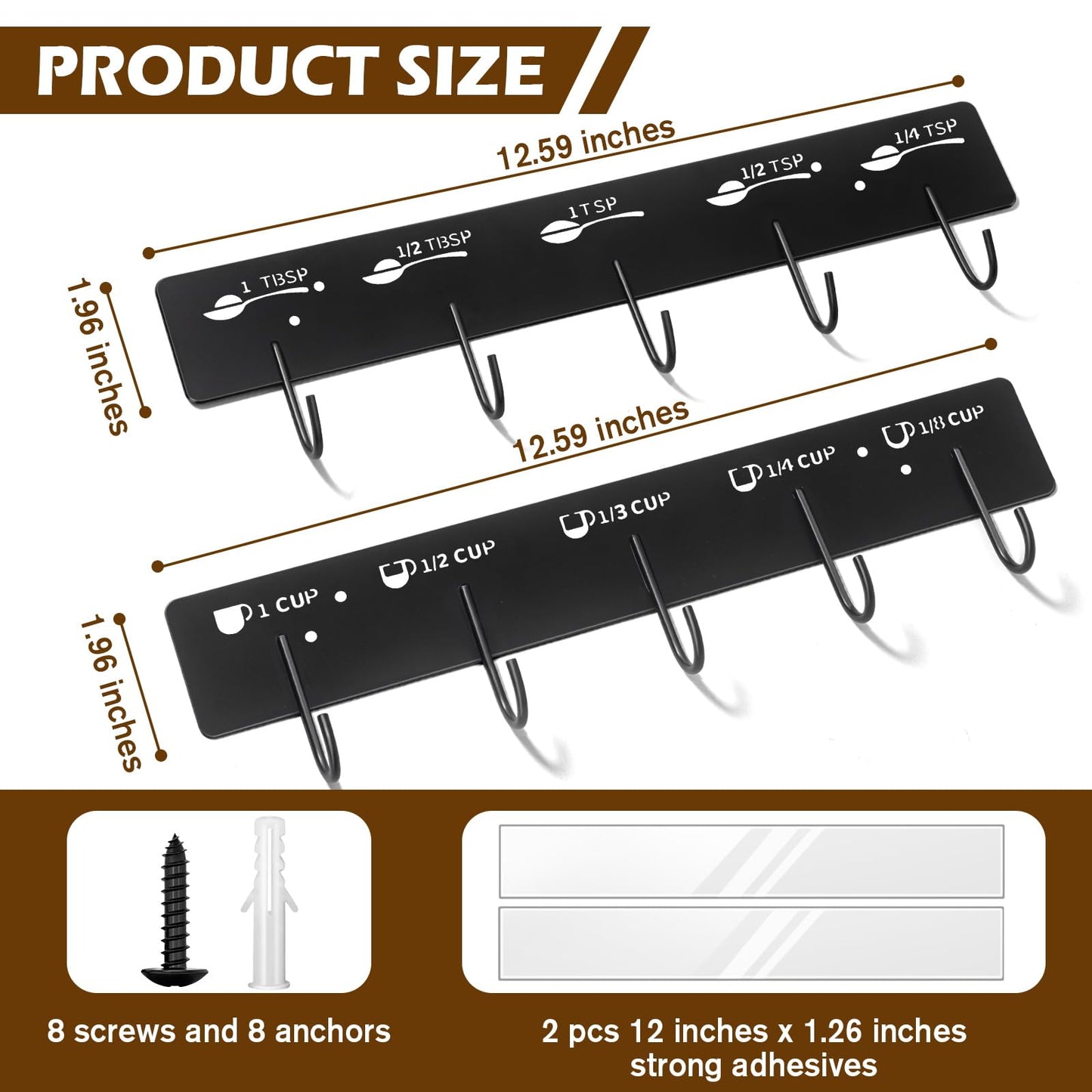 ProtectHobby 2 Pack Measuring Cups and Spoons Hanging Rack, Black Hanging Cups and Spoons Rack, Space Saving Kitchen Utensil Holder, Including Screw and Adhesive Mounting