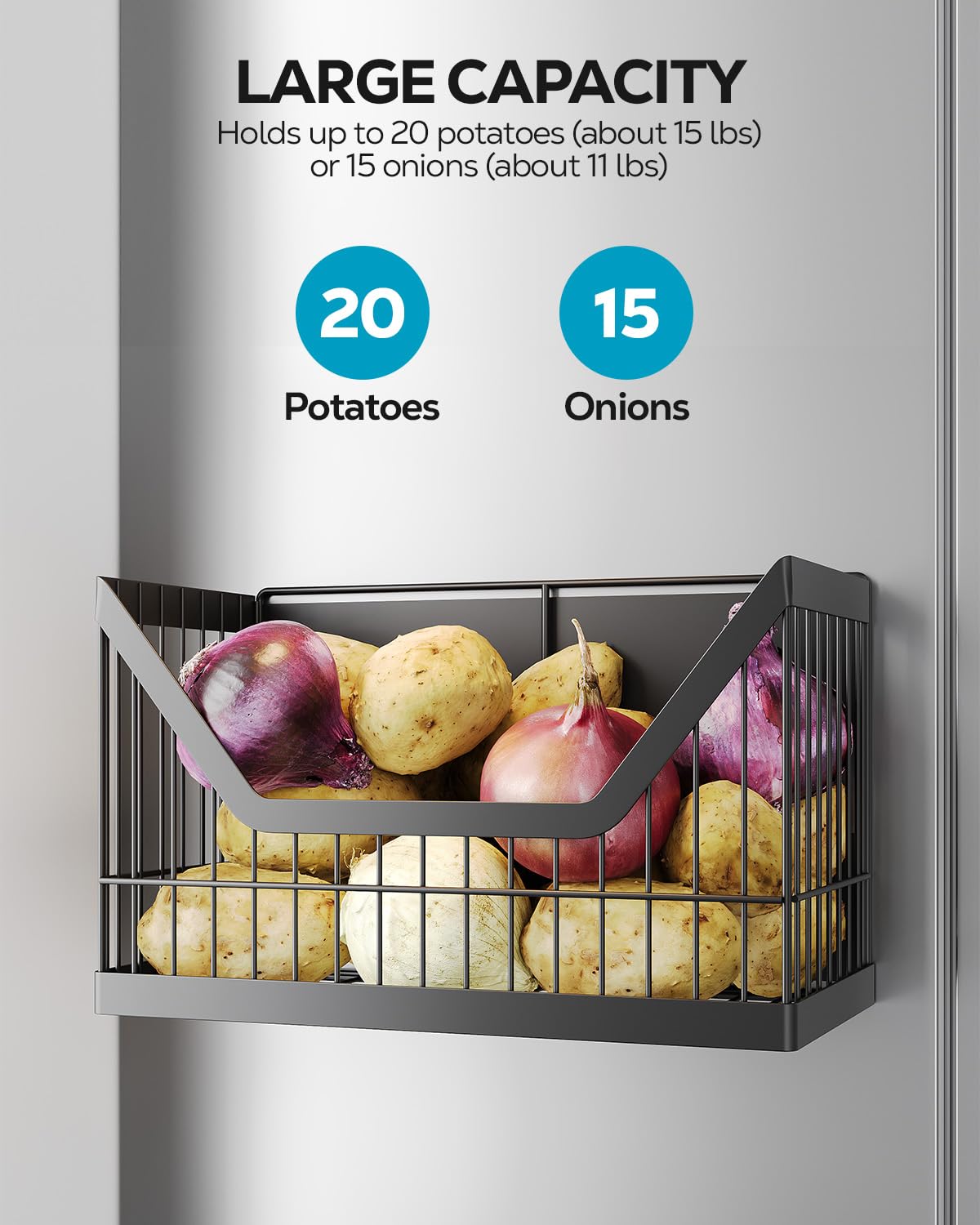 4-Pack Magnetic Shelf for Fridge, Potato and Onion Storage Bins, Magnetic Spice Rack for Refrigerator with Magnetic Basket, Paper Towel Holder, Utensil Rack and Hook Rack - for Pantry, Kitchen Counter