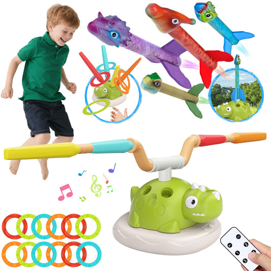 Dinosaur Rocket Launcher for Kids - 3 in 1 Outdoor Toys for Kids Ages 4-8: Stomp Rockets, Musical Jumping & Ring Toss Games with Remote Control - Outside Toys for 3-8 Year Old Boys Girls Birthday Gift