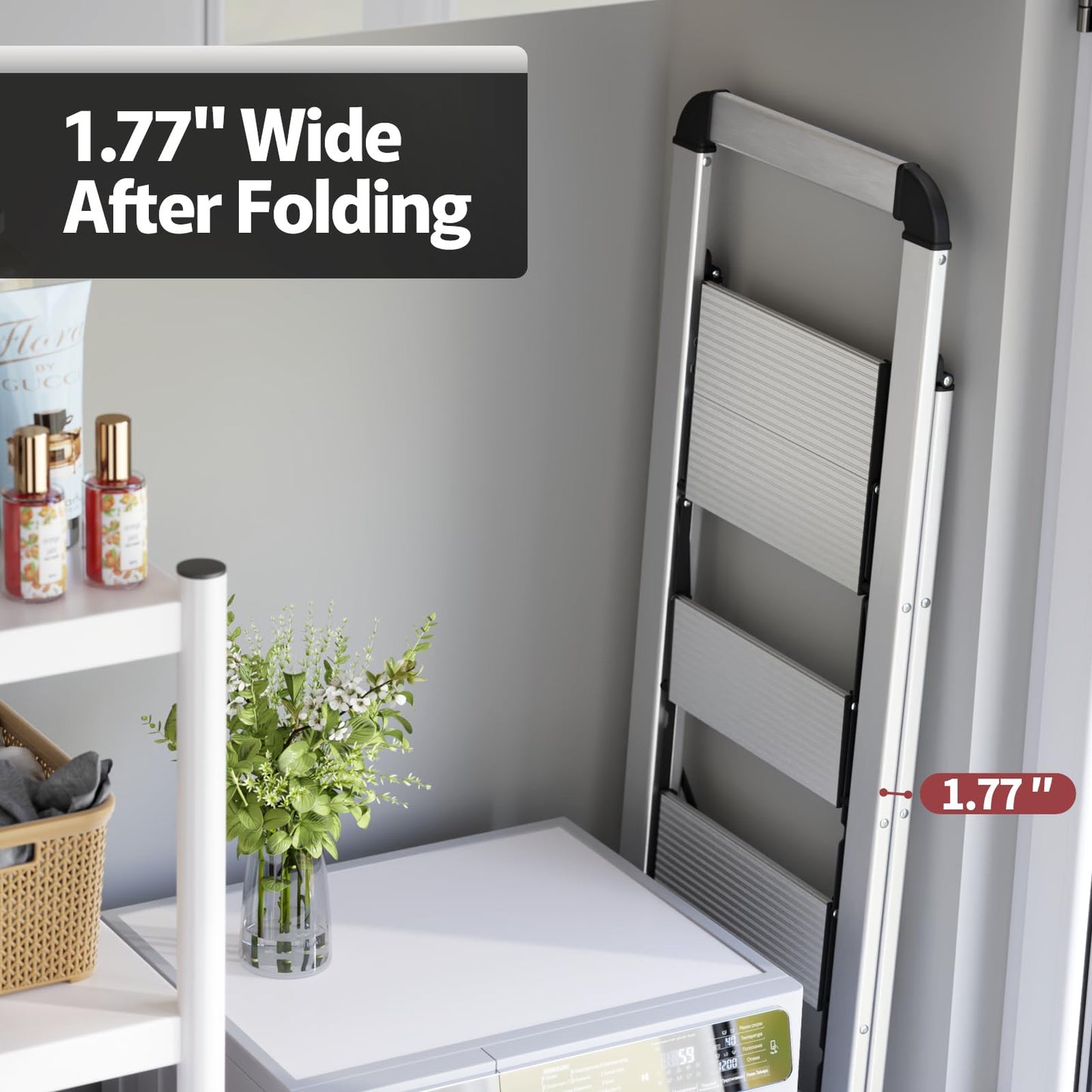 KINGRACK Aluminium 5 Step Ladder, Lightweight Step Stool with Non-Skid Pedals, Handrail, Foldable Step Ladder for Kitchen, Garage, Home, Space Saving, Sturdy and Portable, Silver