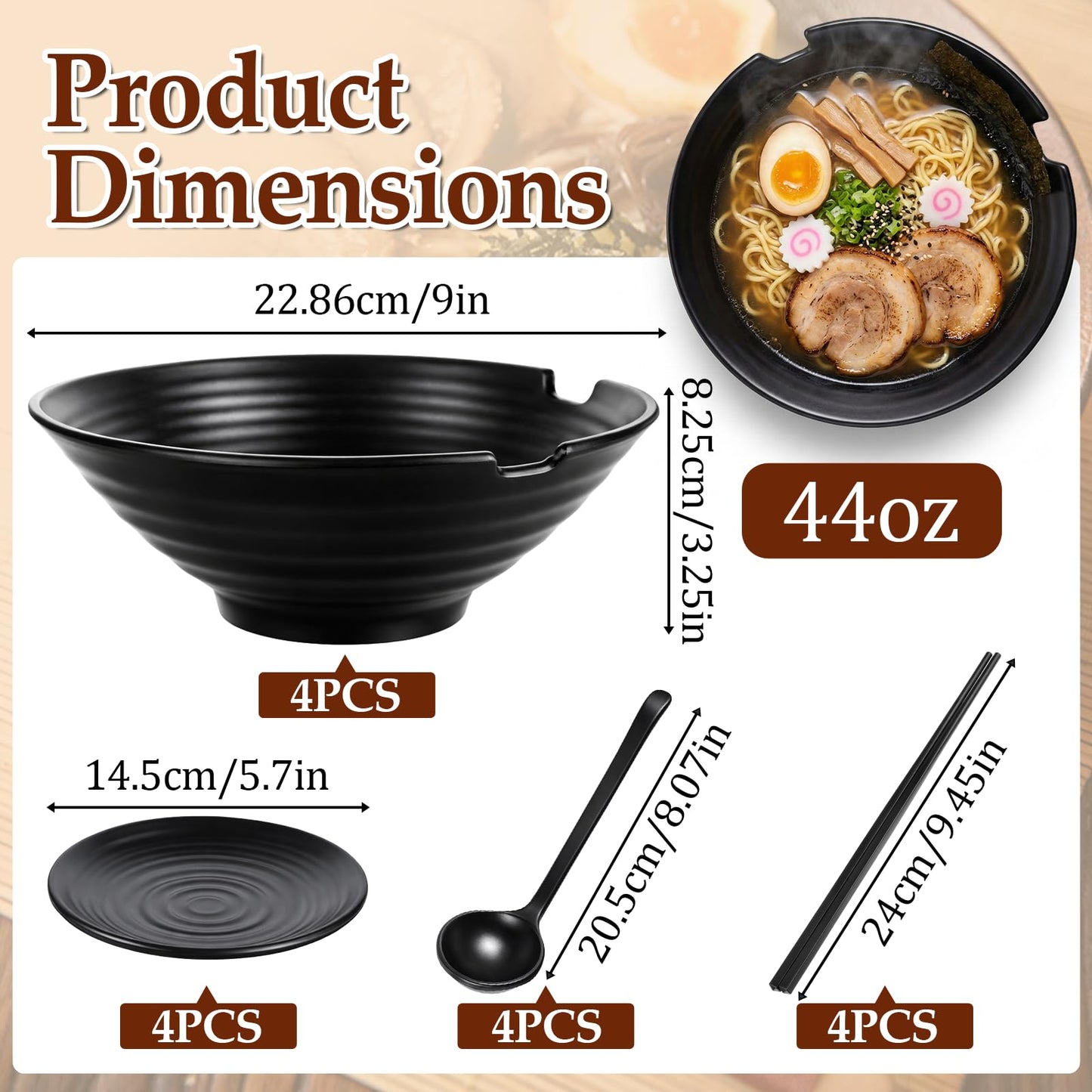 4 Sets Unbreakable Japanese Style Ramen Bowl, 44 oz Large Black Matte Melamine Bowls and Spoons Set with Chopsticks & Saucers, Melamine Large Ramen Bowls Sets for Pho, Thai, Miso, Udon, Asian Food