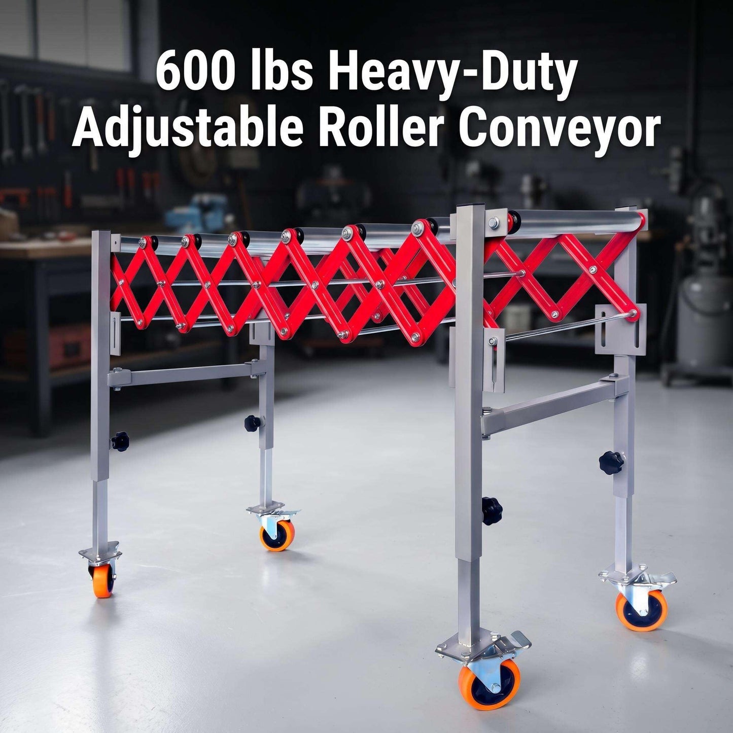Expandable Roller Conveyor, Portable Material Handling Stand with Locking Casters, 27.5''-43'' Adjustable Height, 600 lbs Capacity Roller Conveyor for Packing Shipping and Roller Conveyor Support