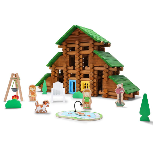 SainSmart Jr. 214 PCS Wooden Logs Cabin Set Ages 3, Building Log Gift for Boy/Girl, Creative Construction Engineering Educational Toy, Vacation Chalet