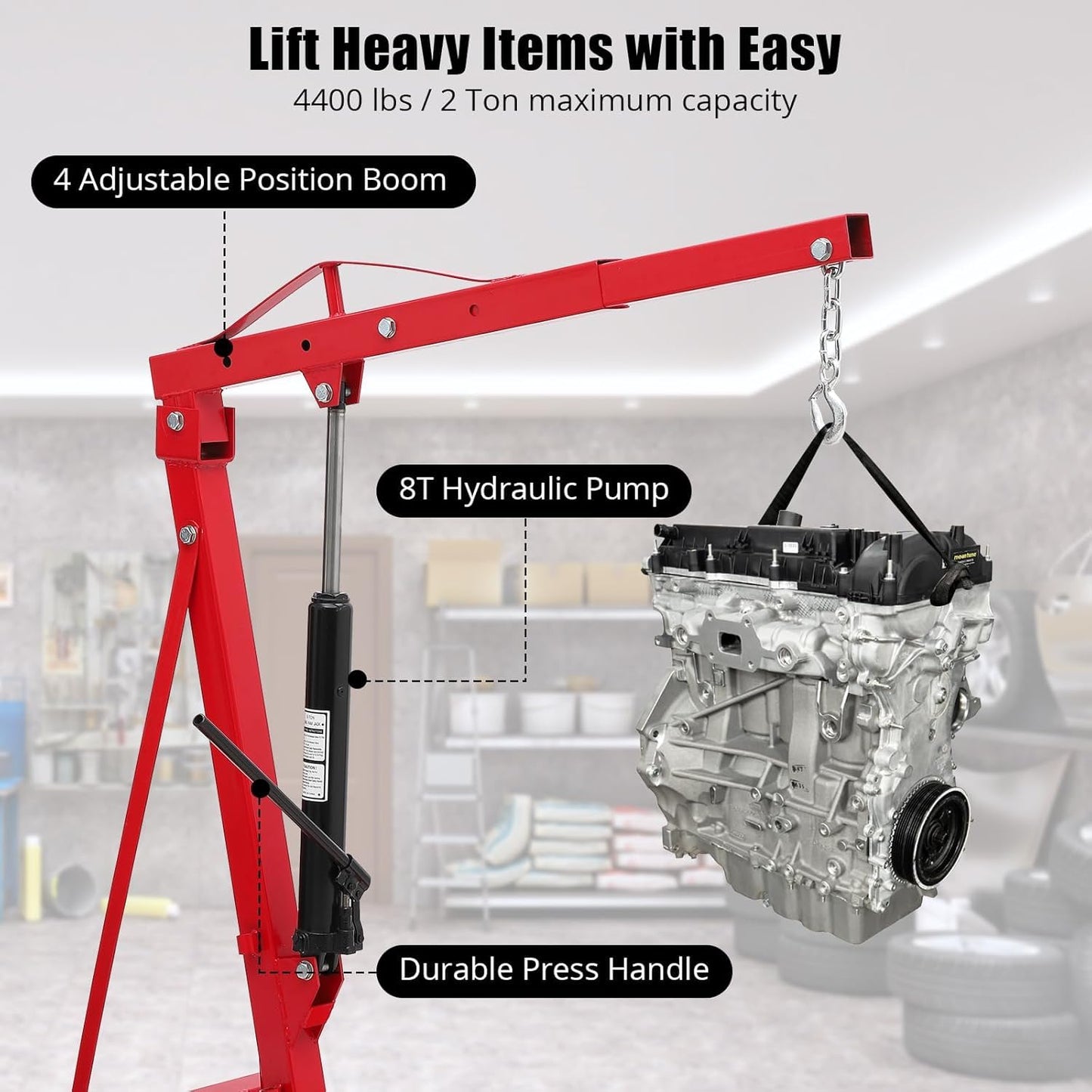GarveeTech 2-Ton Folding Engine Hoist Cherry Picker 4400 Lb Capacity Hydraulic Shop Crane with Telescoping Boom 6 Caster Wheels for Automotive Repair Garage Use Includes Hitch and Storage Stand Yellow