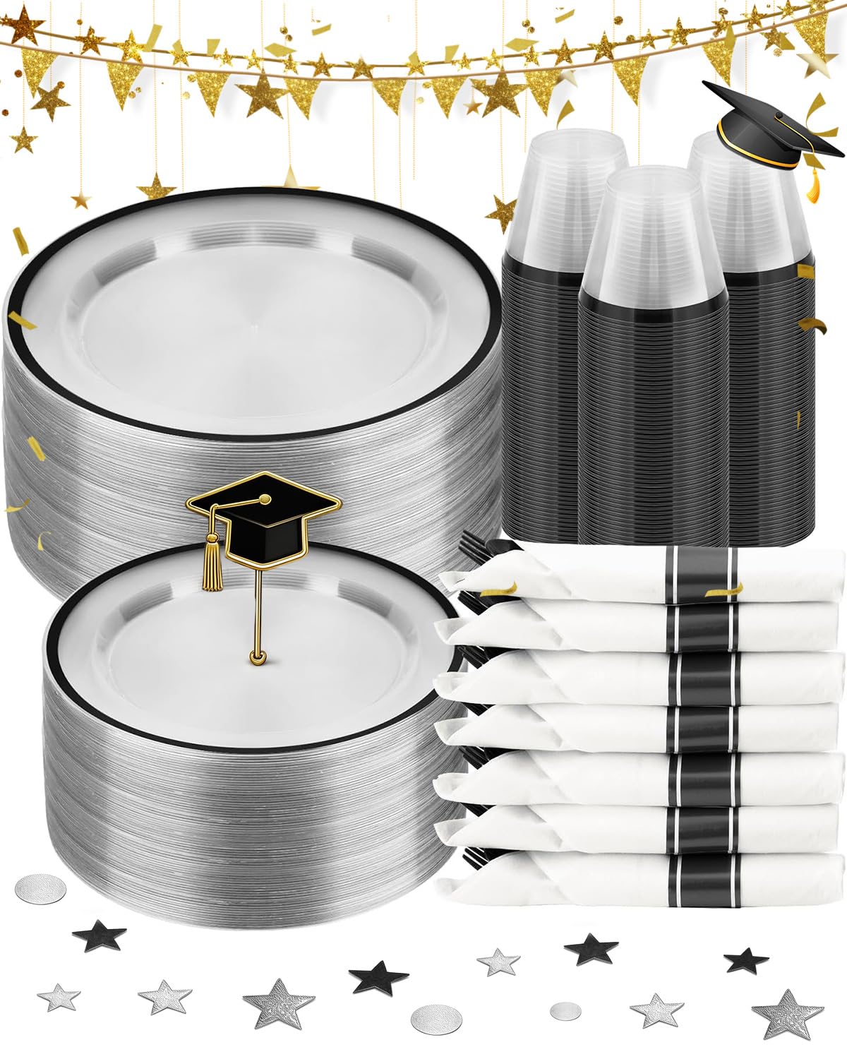 BESTSTAR 350PCS Clear and Black Disposable Plates Set for 50 Guests, 100 Plastic Plates, 50 Plastic Cups, 50 Pre-Rolled Napkins with Cutlery for Graduation Party, Thanksgiving, Birthday, Halloween