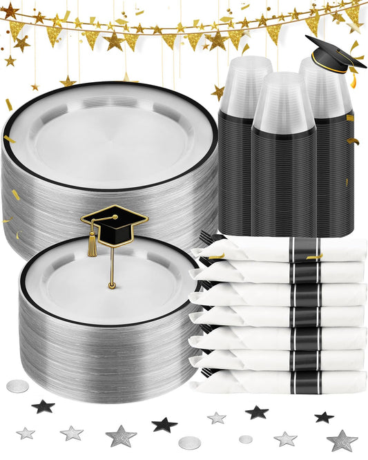 BESTSTAR 350PCS Clear and Black Disposable Plates Set for 50 Guests, 100 Plastic Plates, 50 Plastic Cups, 50 Pre-Rolled Napkins with Cutlery for Graduation Party, Thanksgiving, Birthday, Halloween