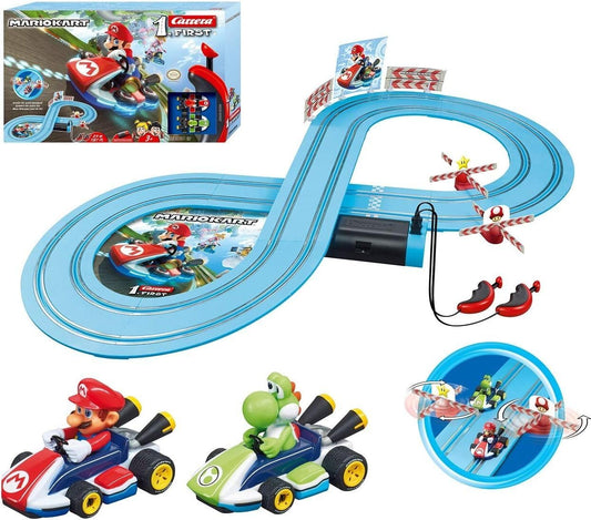 Carrera First Mario Kart - Slot Car Race Track with Spinners - Includes 2 Cars: Mario and Yoshi - Battery-Powered Beginner Toy Racing Set for Kids Ages 3 Years and Up