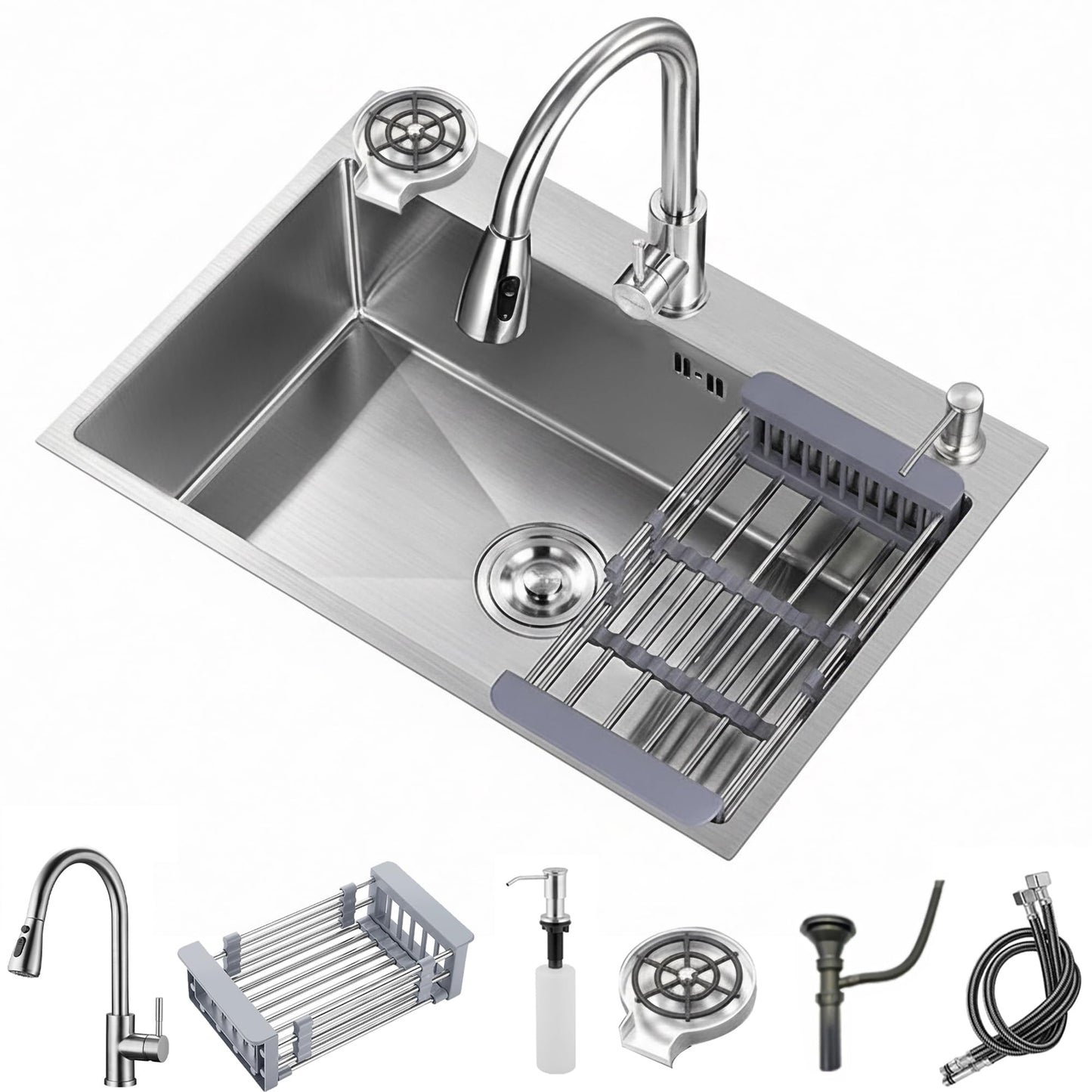 YINXSLO Stainless Steel Kitchen Sink with Faucet, Single Bowl Top Mount/Drop-In 3 Hole Single Bowl Workstation Sink with Cup Washer, Soap Dispenser, Drainage kit for Bar, Kitchen, Balcony (20 * 18in)