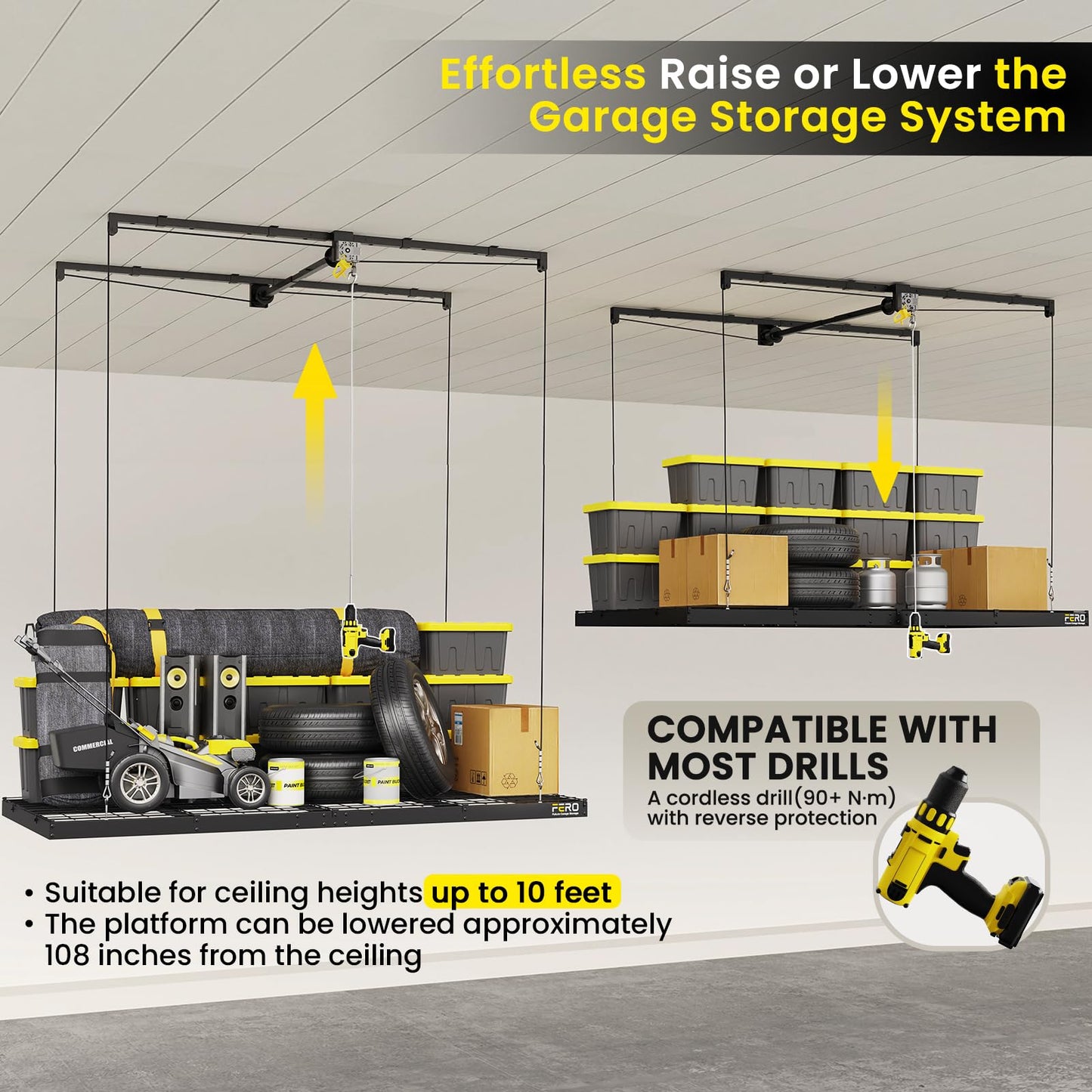 FERO Overhead Garage Storage Rack, 500 lb Capacity, 4x8 FT Garage Ceiling Storage Rack with Safety Lock, Heavy-Duty Ceiling Mounted Lift System, Drop-Down Garage Ceiling Organizer