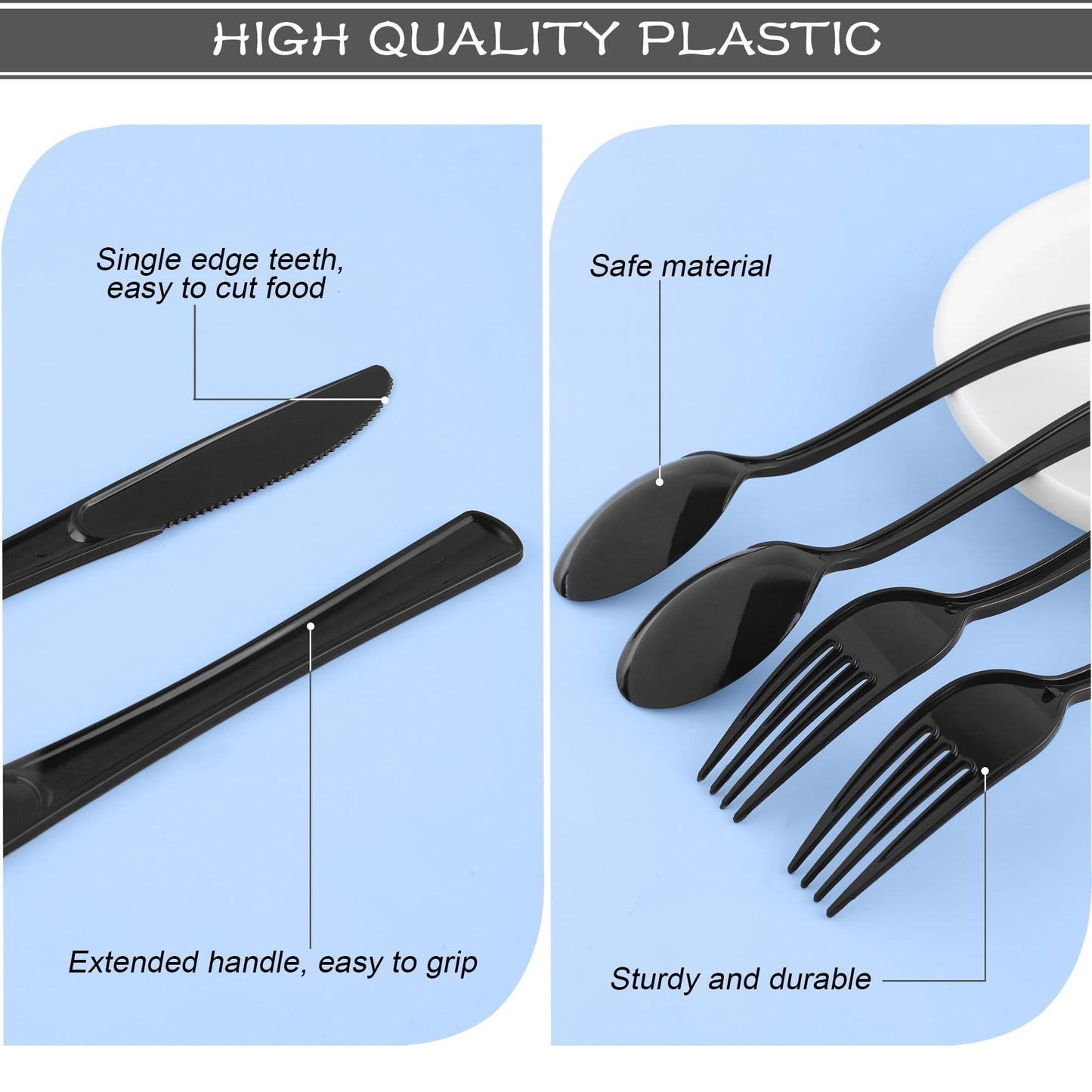 Kochorie 300 Pieces Graduation Black Plastic Silverware, Heavy Duty Disposable Utensils with Forks Spoons Knives, Premium Heavyweight Cutlery for Graduation Party, Birthday, Prom Night, Wedding Dinner