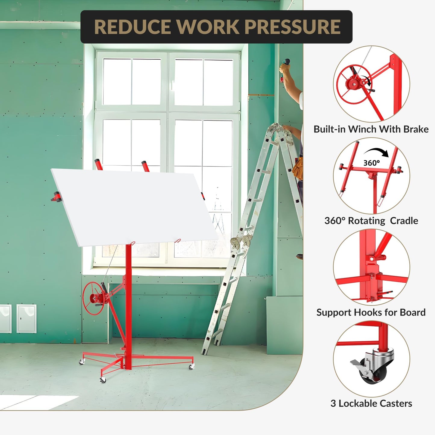 Drywall Lift 16 ft, Heavy-Duty 150 Lbs Drywall Rolling Lifter Panel, Sheetrock Hoist Lift Drywall Jack Lift for Ceiling, Drywall Panel Hoist with 360°Adjustable Telescopic Arm &3 Lockable Wheels, Red