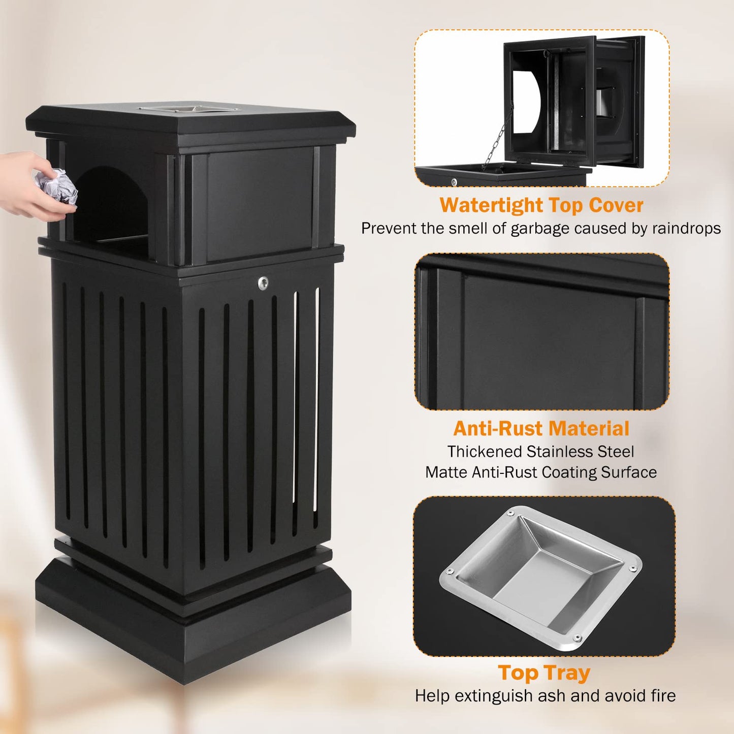 BEAMNOVA Matte Black 35.5 * 15.8 * 15.8 in Trash Can Outdoor Top Tray + Gold 9.8 * 24 in Stainless Steel Trash Can with Top Lid Tray