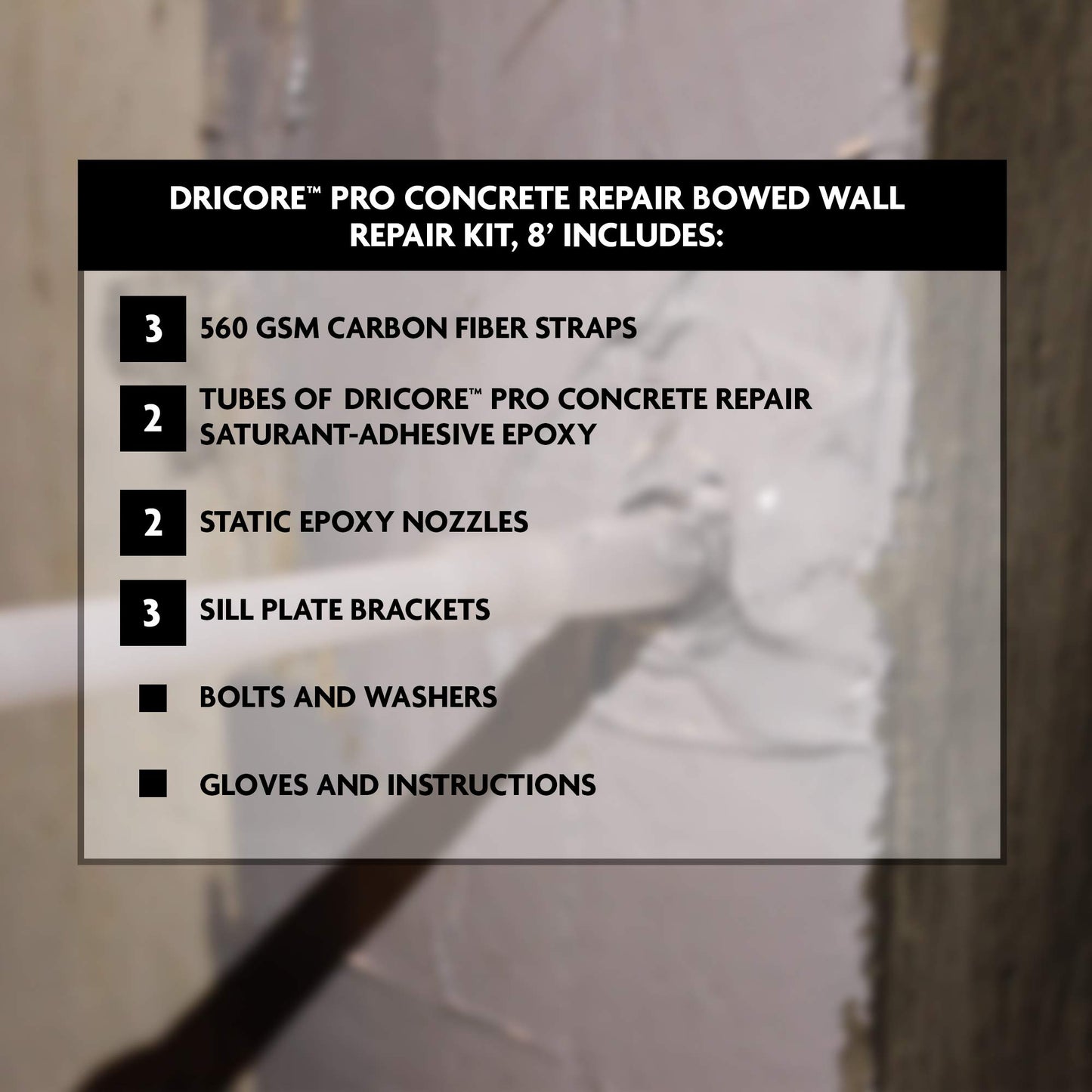 DRICORE PRO Concrete Repair Foundation Wall Repair Kit, 8' | Best Eight Foot All in One Epoxy and Carbon Fiber Pack for Reinforcing Bowing Foundations, Walls, Basements, Cement, Crawlspace, and More